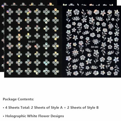White Flower Nail Stickers – 3D Self-Adhesive Shiny Crystal Floral Pearly White