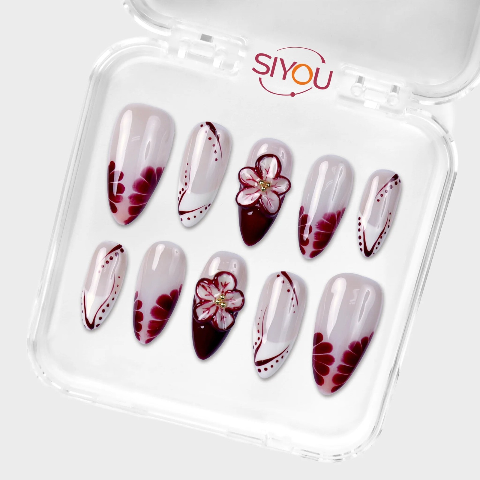SIYOU Velvet Rose Almond Red, Beige & White Press-On Nails 10pc