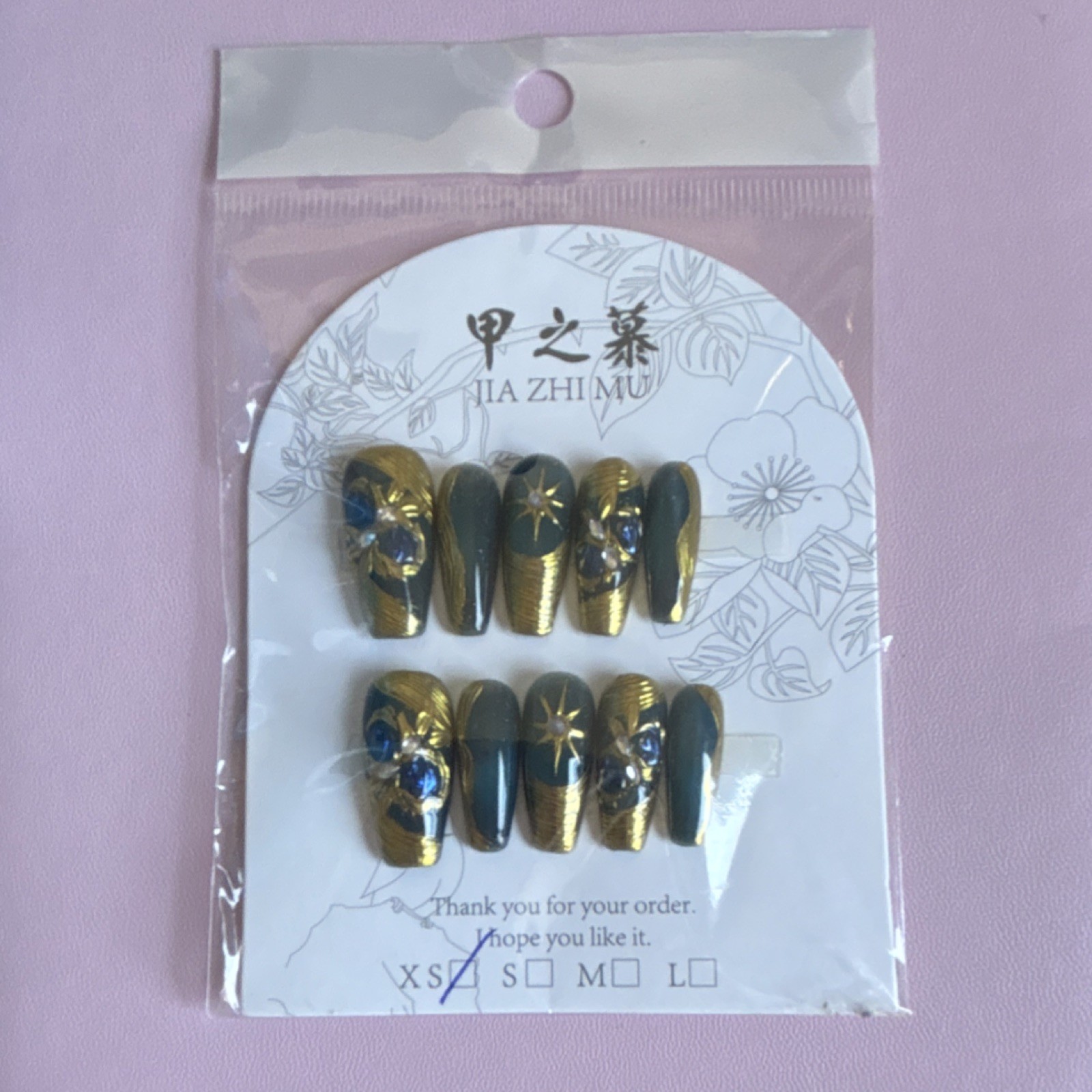 JIA ZHI MU Press-On Nails XS Almond Gold Dark Green Blue 3D Star Gem Full Cover
