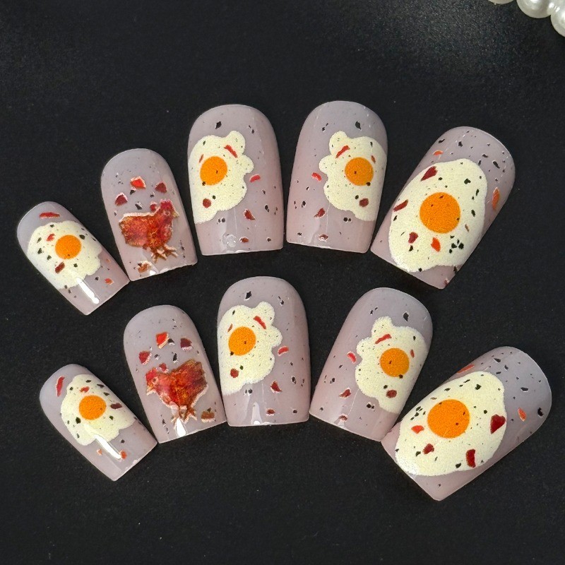 48Pcs-Medium Oval Fried Egg Chicken Food Hand Painted Press on Nails Set