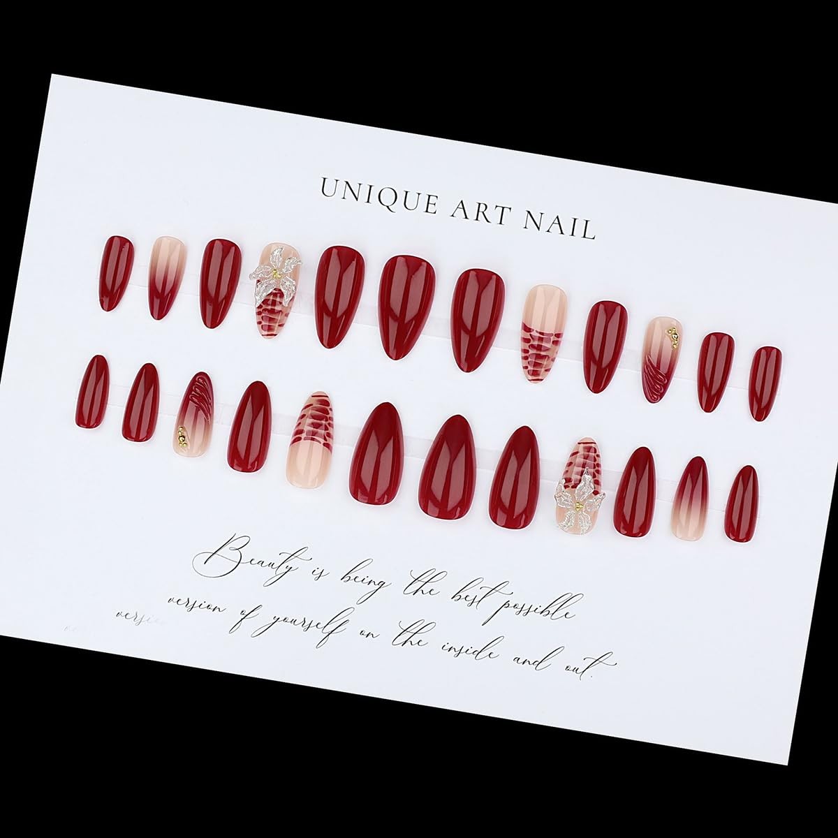 French Tip Medium Almond Press on Nails Wine Red Ombre French Acrylic Fake Na…