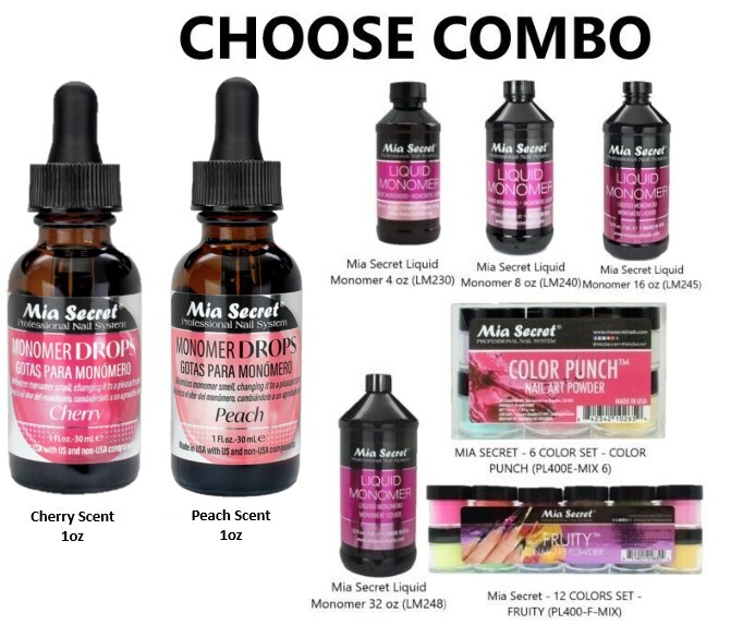 Mia Secret CHERRY/PEACH SCENT Monomer Drop 1oz/Liquid Monomer/Powder -Pick Combo