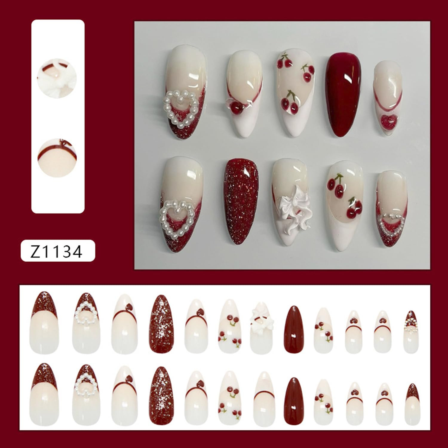 Medium Almond Press-On Nails with 3D Heart and Bow Charms, 24 Pcs