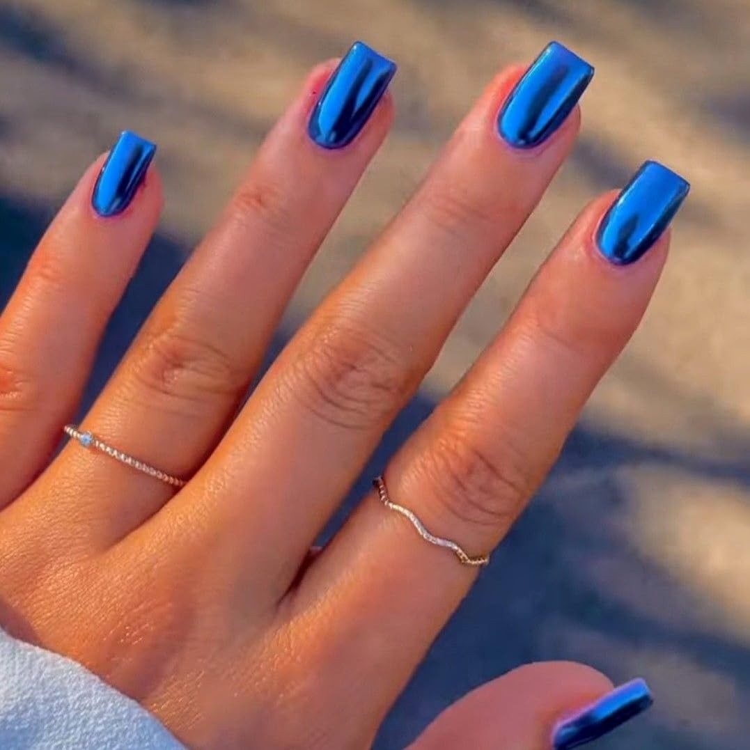 Mirror Metal Royal Blue Press on Nails Medium Short Square Square Royal Blue