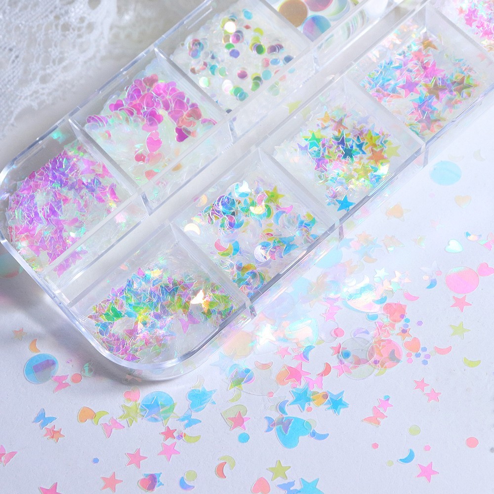 Glitter Nail Art Sequins 12 Grids Butterfly Star Heart Circle Shapes DIY Decor