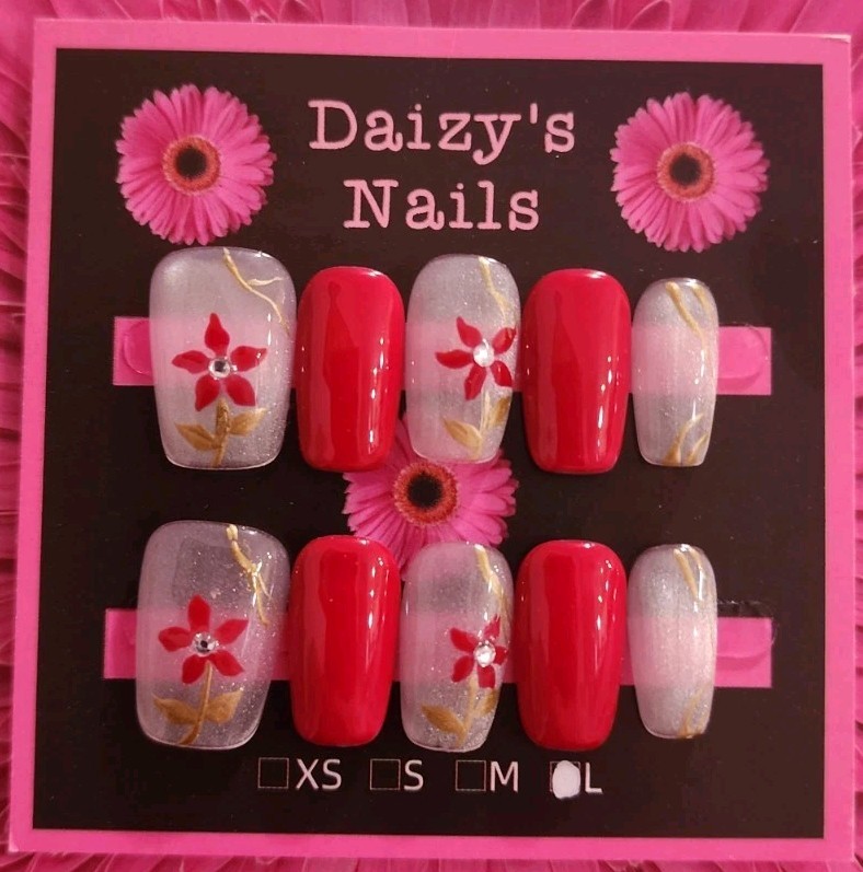 Large Size Red Flower Spring Press-on Nail Set Handmade Squoval 2.0 Cm Length