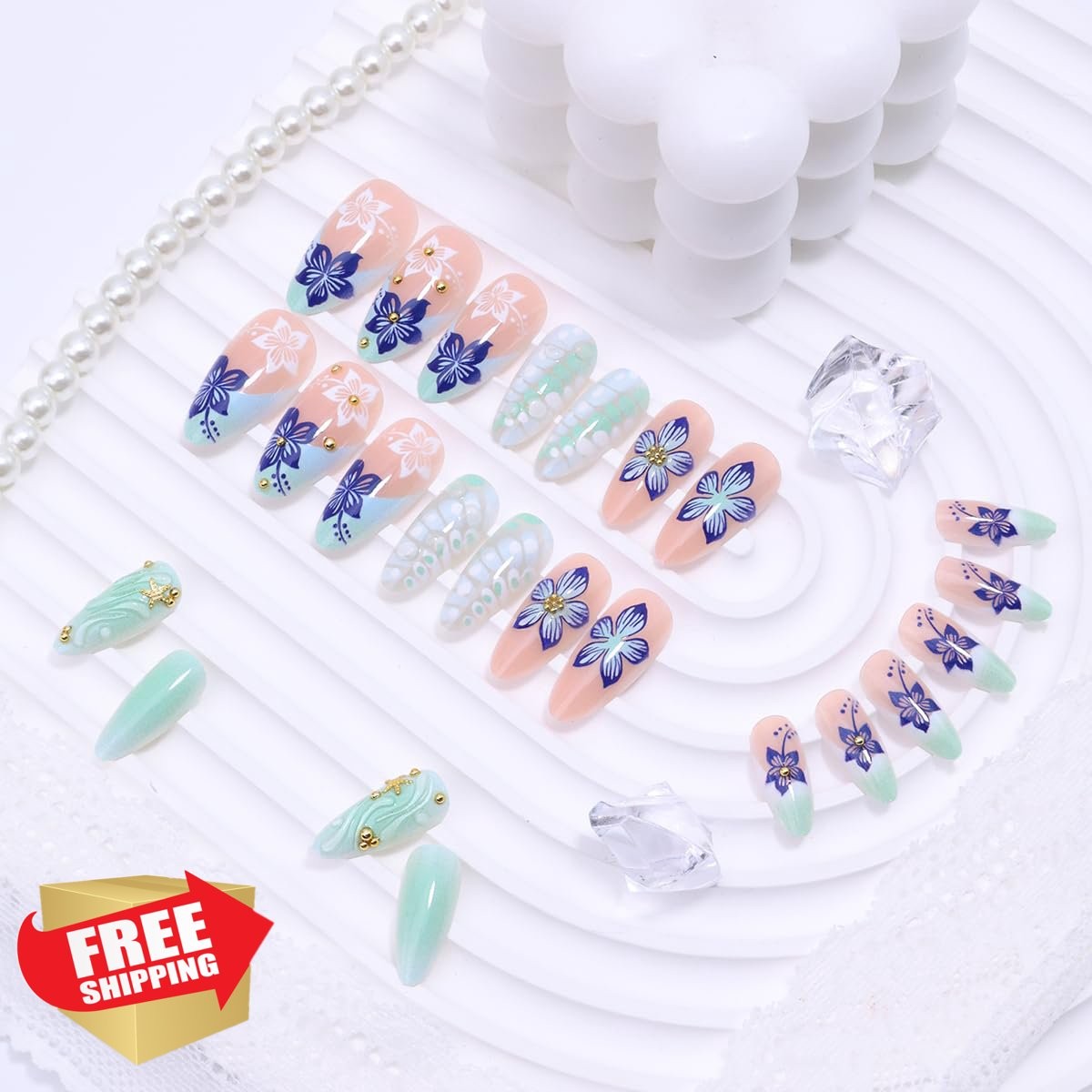 OSTTMA flower nails-13 blue almond press on nails