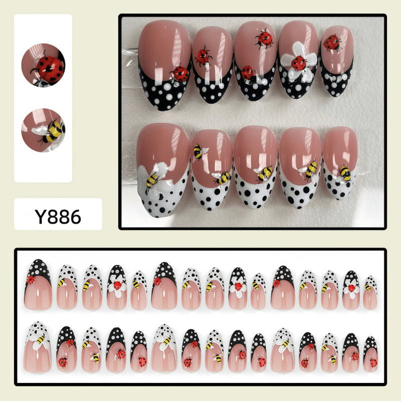 60 Pcs Ladybug Bee Oval Press on Nails, Lovely Casual Summer Daily Fake Nails