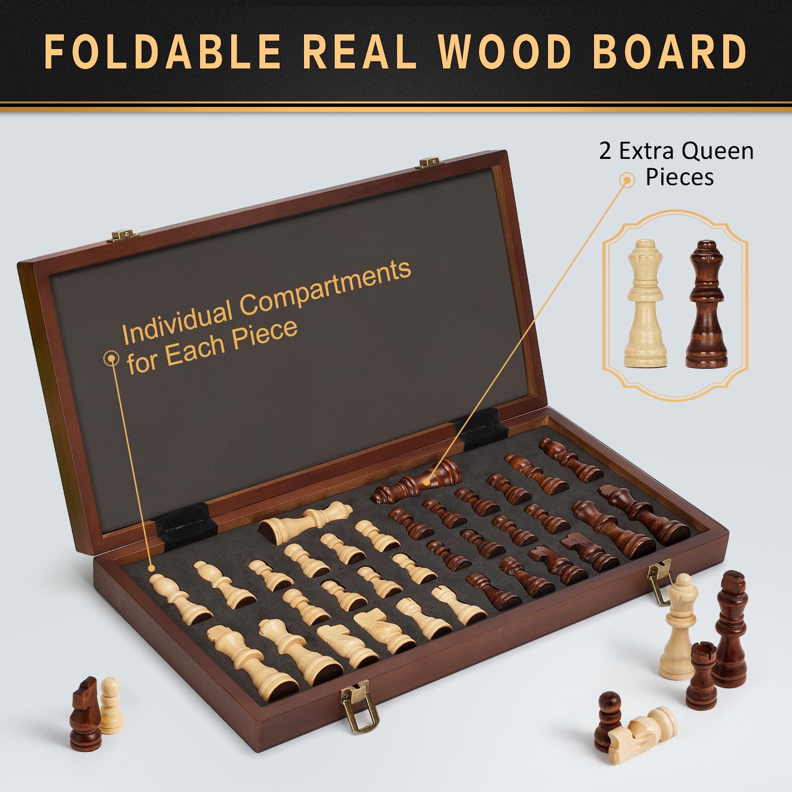 Magnetic Wooden Chess Set, 15″ Folding Board with 2 Extra 15 inches