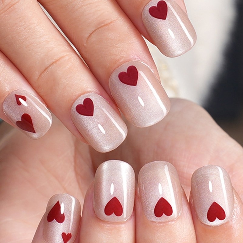 24 Pieces Heart Pattern Press On Nail ABS Material Short Square Style