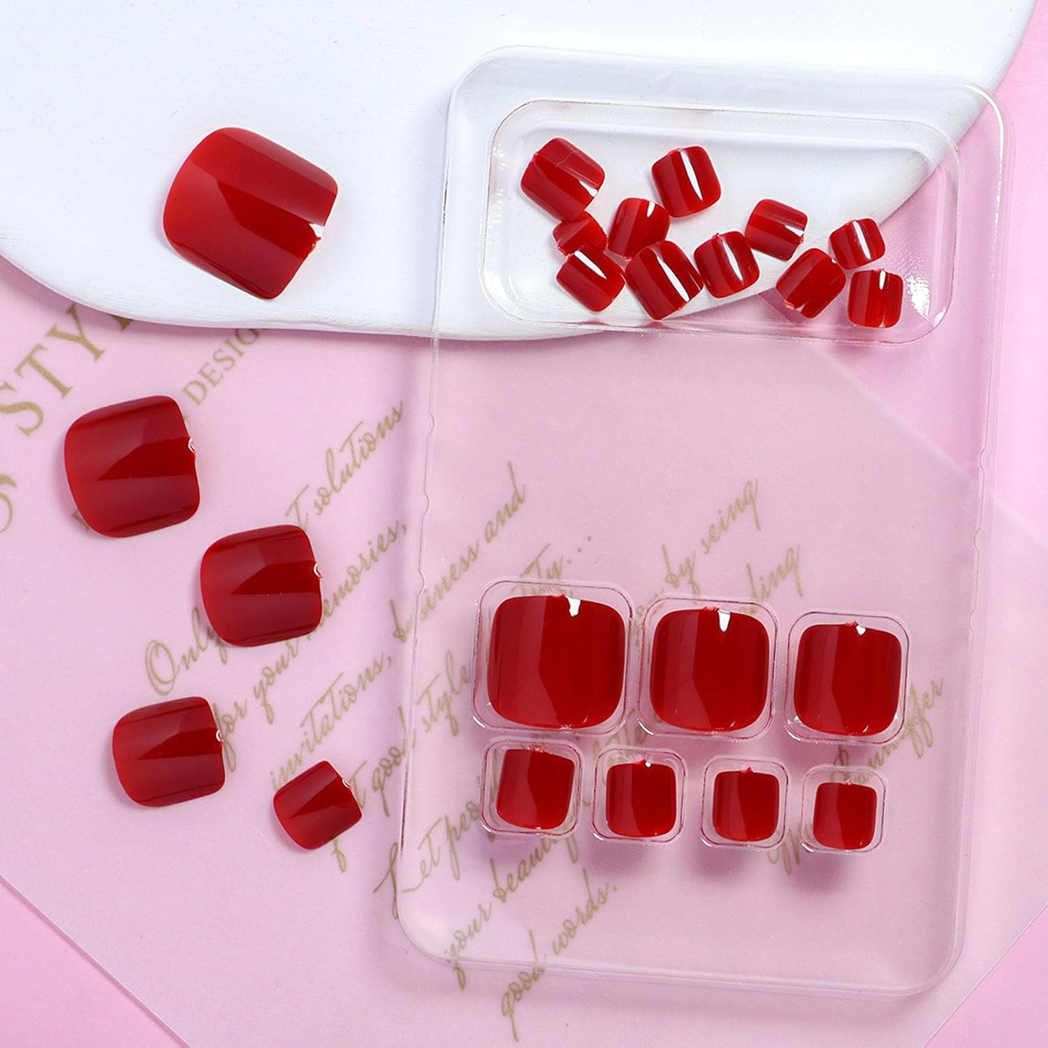 Short Square Acrylic Press-On Toenails – Glossy Red Full Cover, 24 Pcs