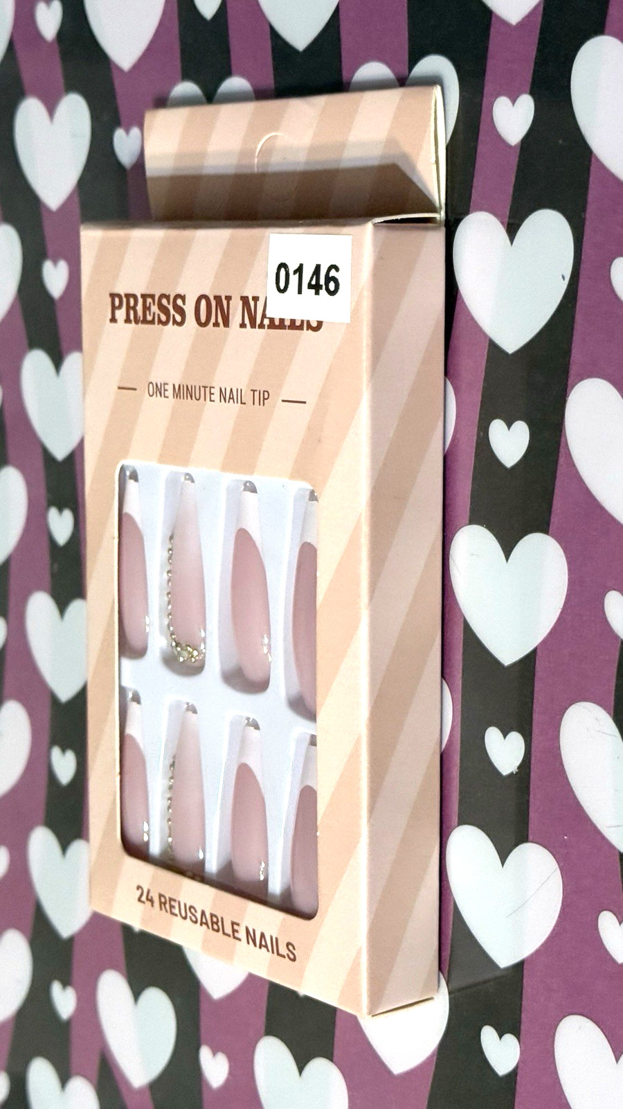 Press On Nails One Minute Nail Tip NUDE with WHITE FRENCH TIP & BLING 24 Long