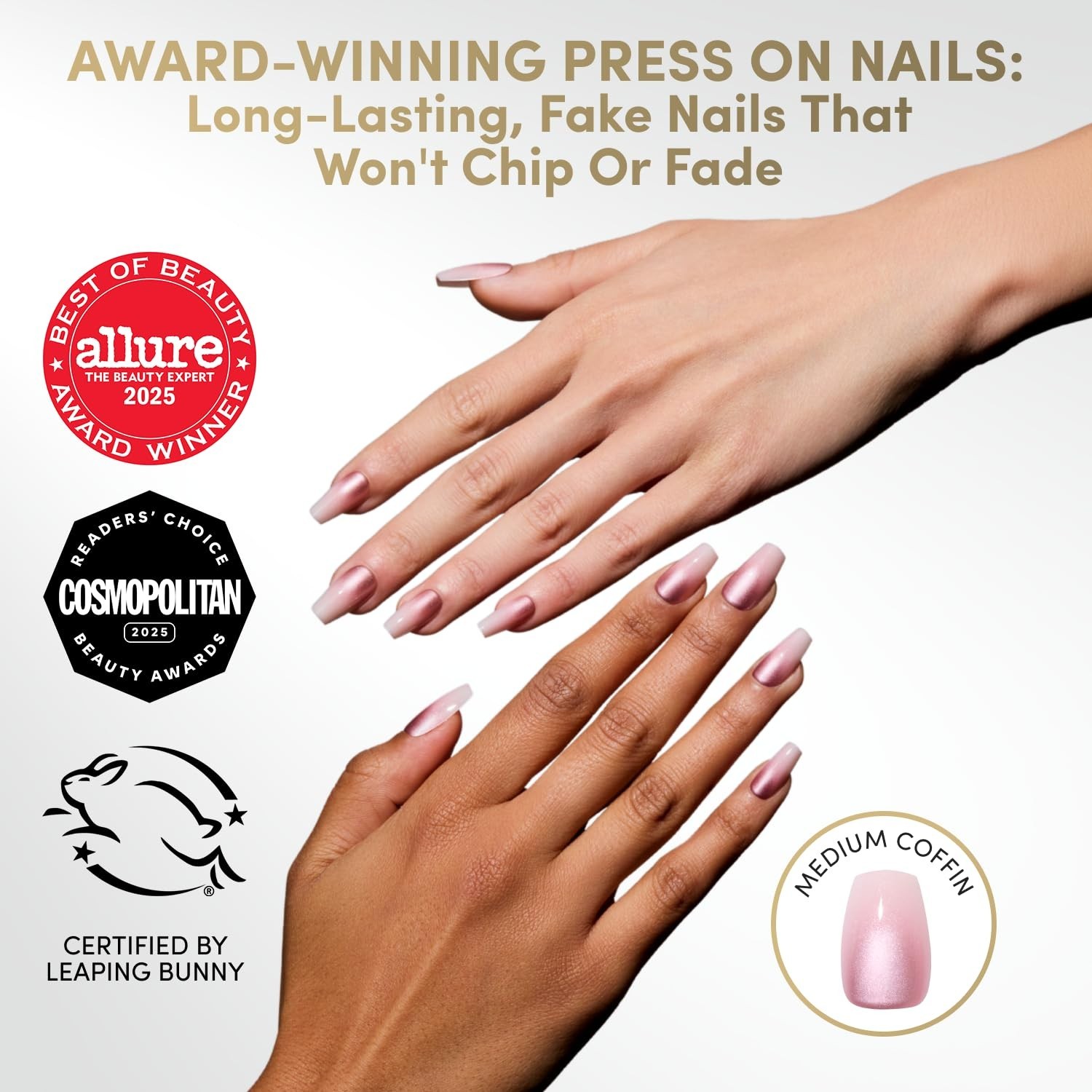 Medium Coffin Press On Nails 30 Pc Full Kit | Pink Ombre Glue-On, Waterproof, Ch