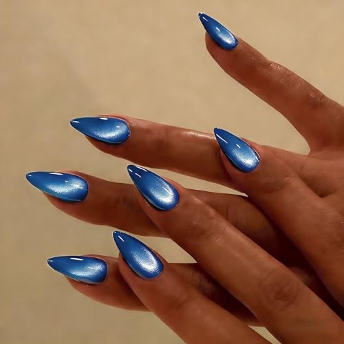 Press on Nails Almond, Cat Eye Elegant Blue Fake Nails cateye royal blue medium
