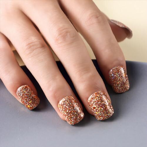 Brown Glitter Press on Nails Short Square Fake Nails Glitter Press ons Style7