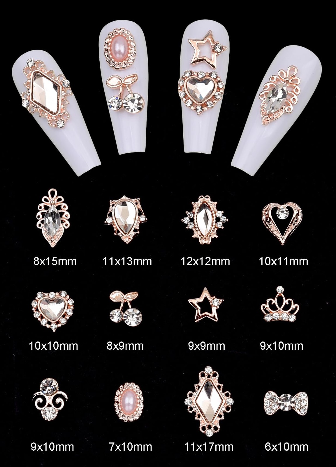 120pcs 12 Styles Black Metal Nail Charms Nail Bows Crushed Rabbit 3D Heart Ro…