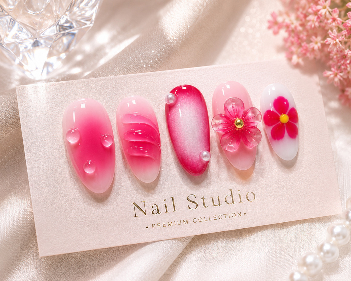 24Pcs Middle Length Pink White French Press On Nails 3D Pearl Almond