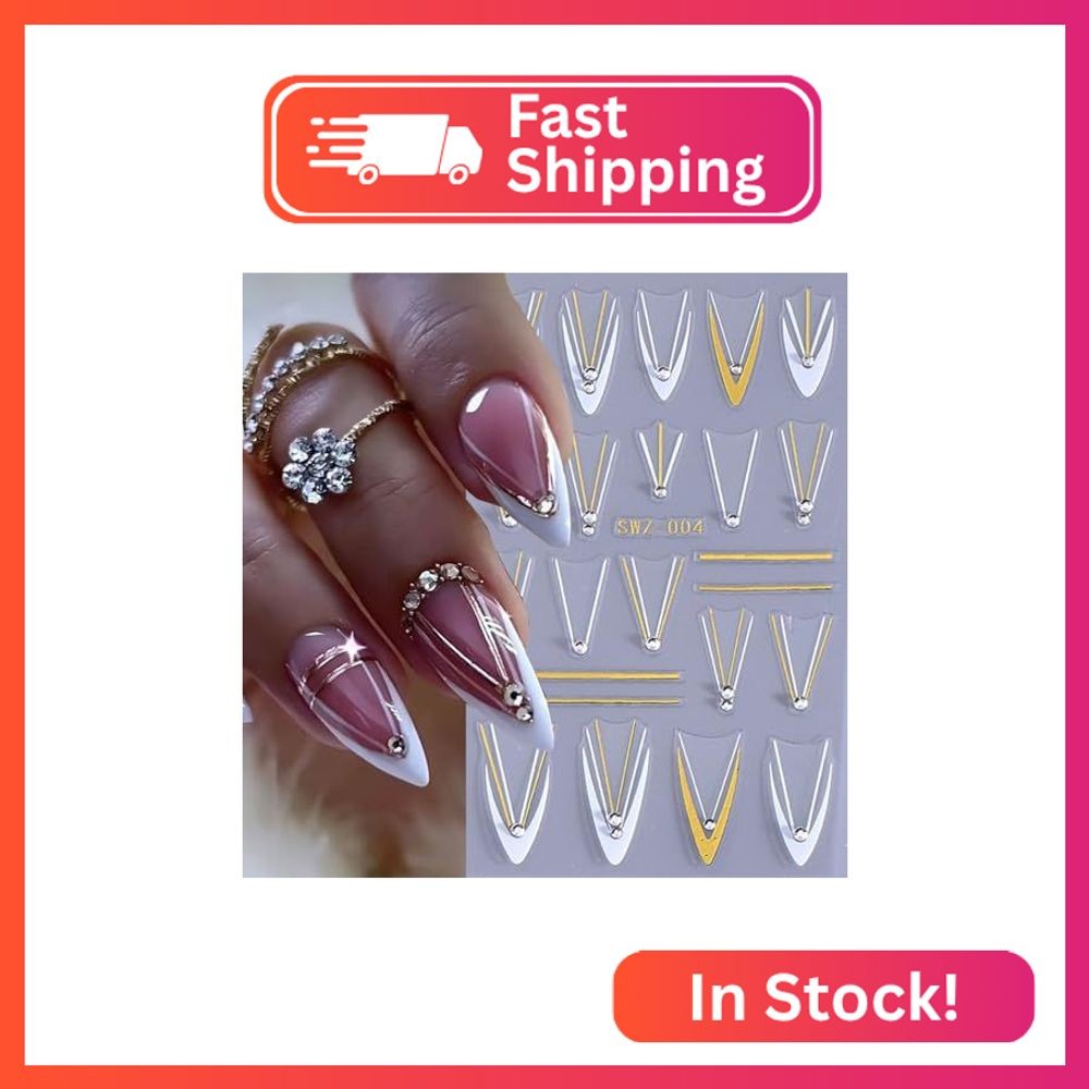 LPOODDNU 4 Sheets French Diamond Line Nail Stickers, Gold 3D Metallic Nail Art S