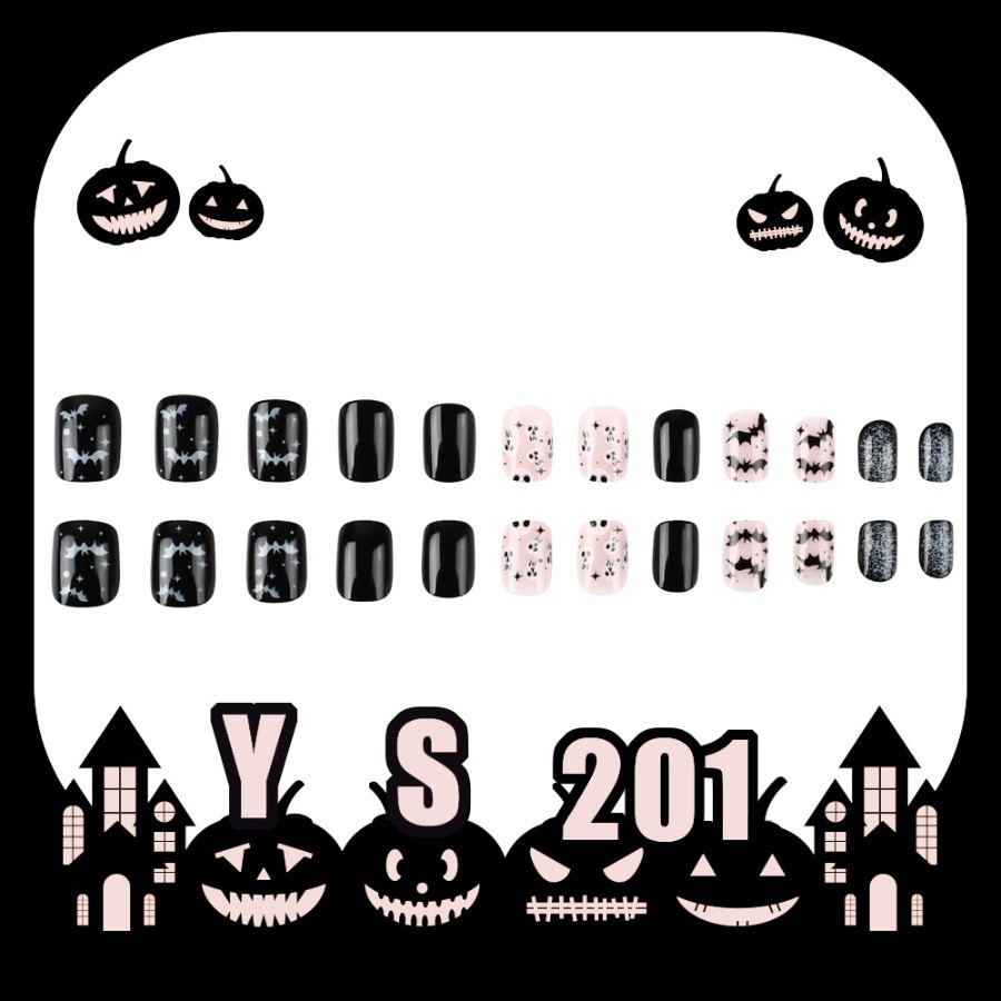 48pcs-Cute Spooky Nails, Press on Short Square with Pink, Black & Silver Glitter
