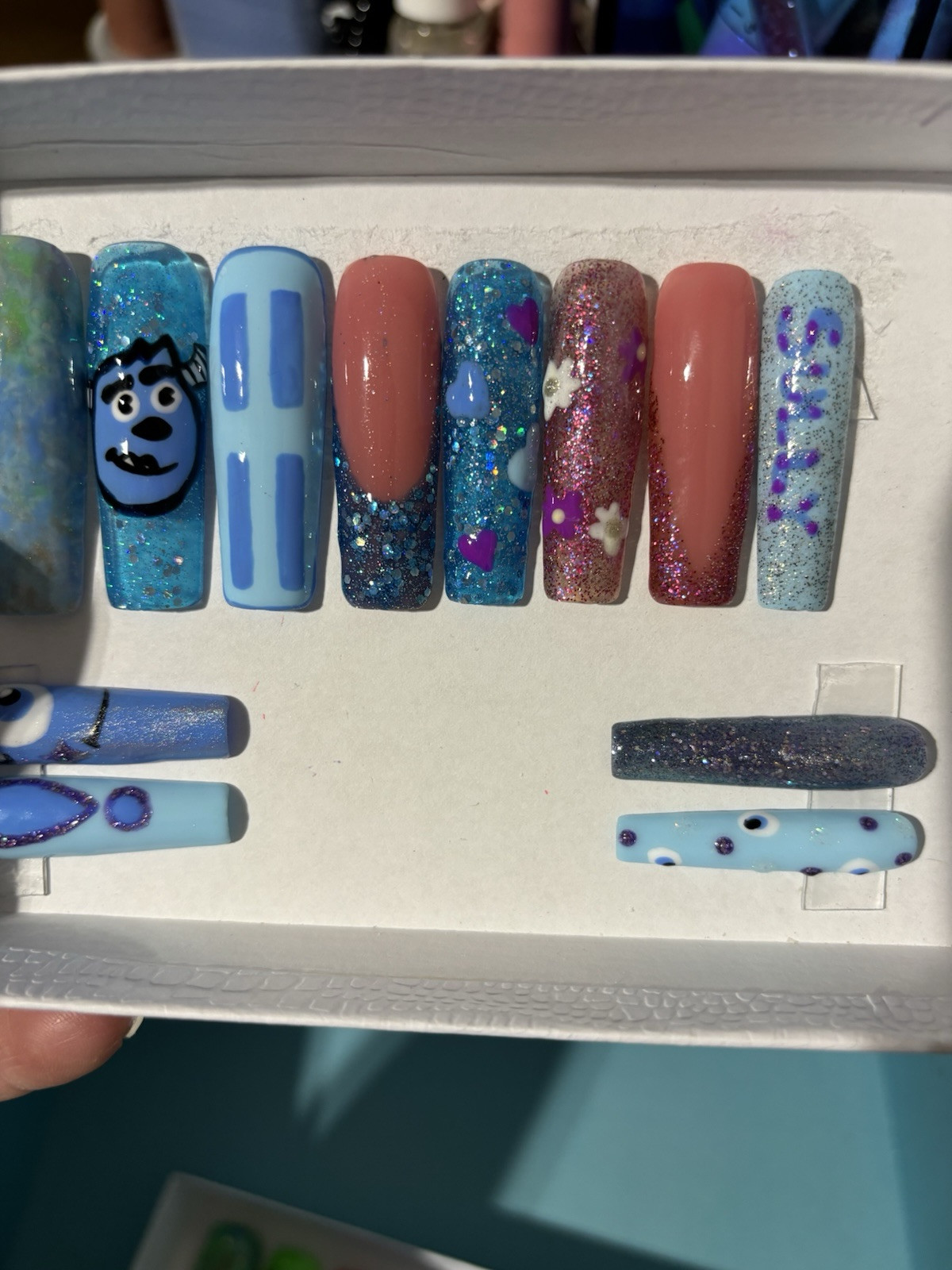 Monsters Inc Nails Press On Nails With Pink, Blue , Green & Purple Handmade