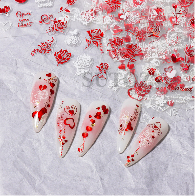 3D Nail Art Stickers Red White Mr & Mrs Rose Heart Kiss Valentine Bride NH11