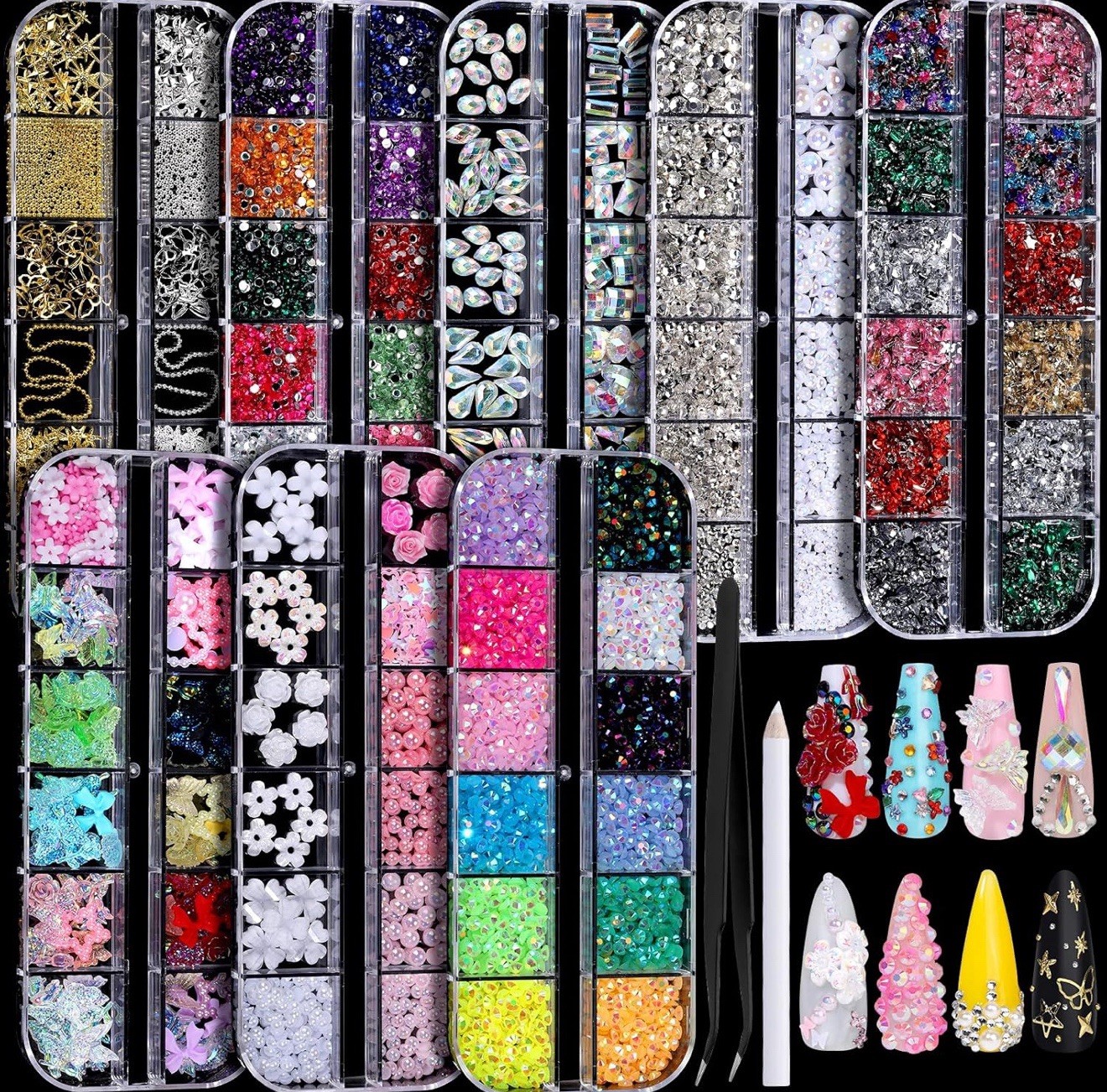 Nail Charms, Nail Rhinestones Kit with 8 Boxes of Nail Gems, 3D Charms for Nails