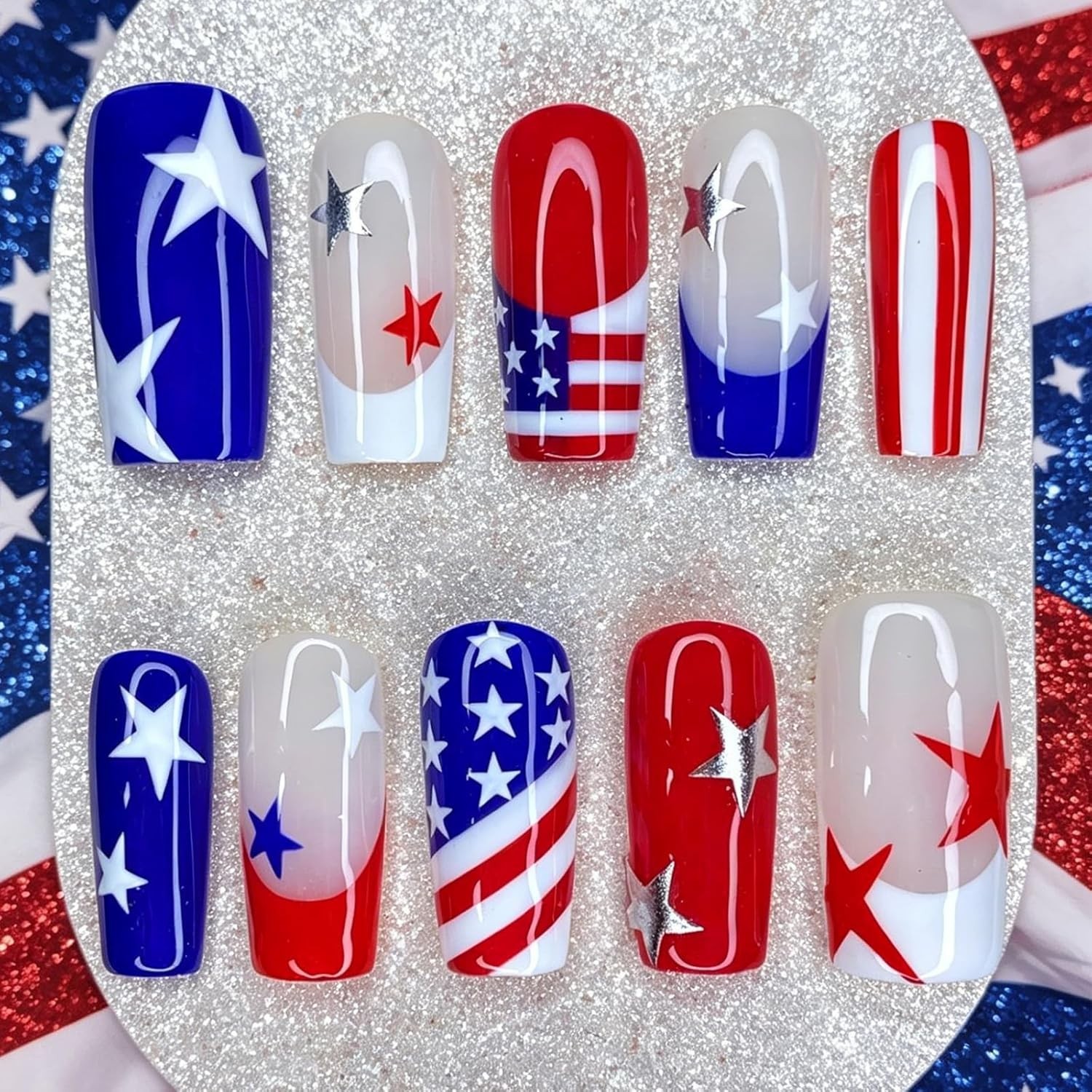 30Pcs 4Th of July Press on Nails Medium Square French Tip Fake Nails Red White B