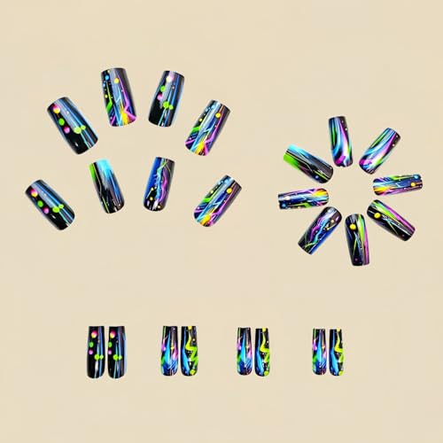 Color MIXFOSAHN Press on Nails Medium Coffin Fake Nails Black Color Artistic5