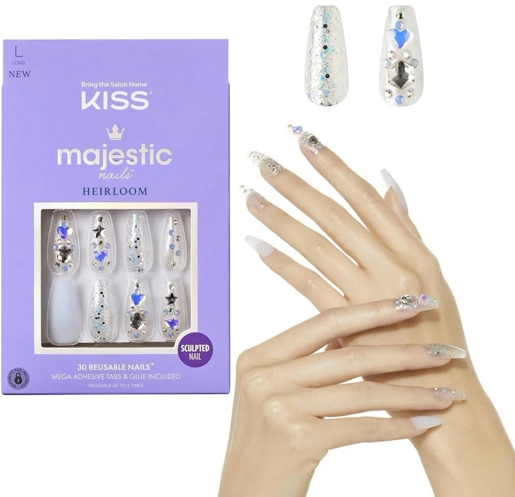 Kiss Majestic Heirloom Press-On Nails Long Light Blue Glitter Bling 88752
