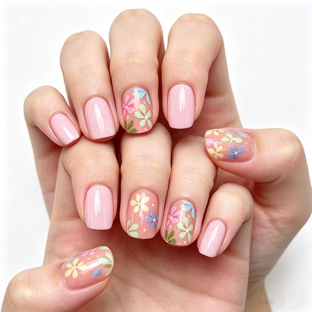 Colorful Flower Press On Nails Short square Light Pink Acrylic, Full Cover Gl…