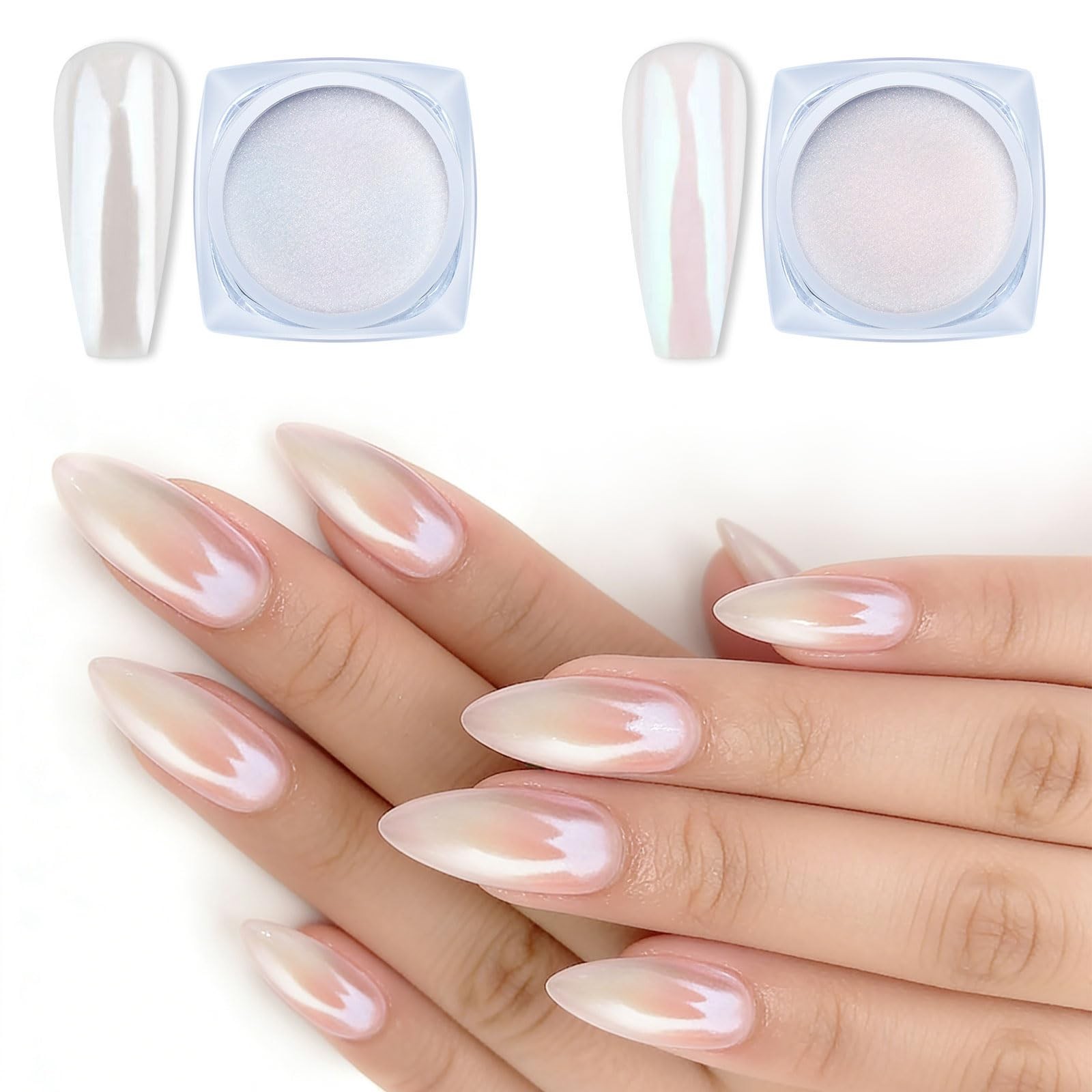 2 Jars Chrome Nail Powder White and Red Pearl, Iridescent Aurora Powder Metal…