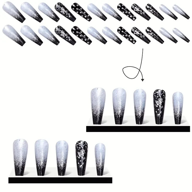 24pcs European And American Style Fake Nails, Black Gradient Press On Nails