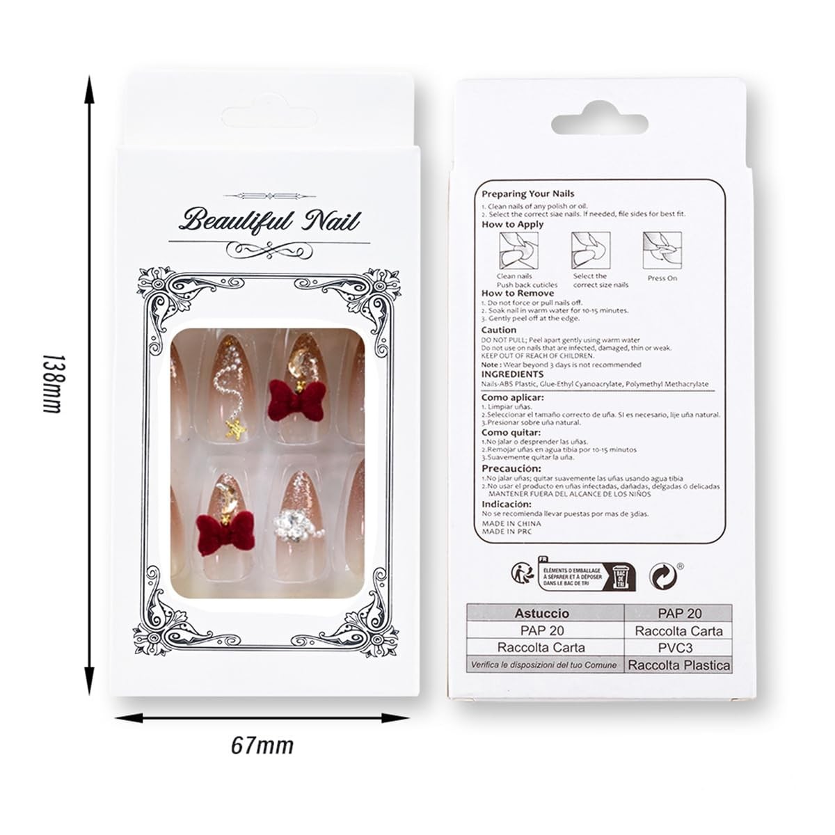 24Pcs Christmas Press on Nails Short Almond Brown Ombre Fake Nails with 3D Bo…