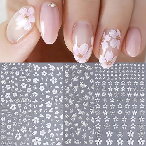 4 Sheets 3D White Flowers Nail Stickers, Self – Adhesive Cherry Blossom Style 7