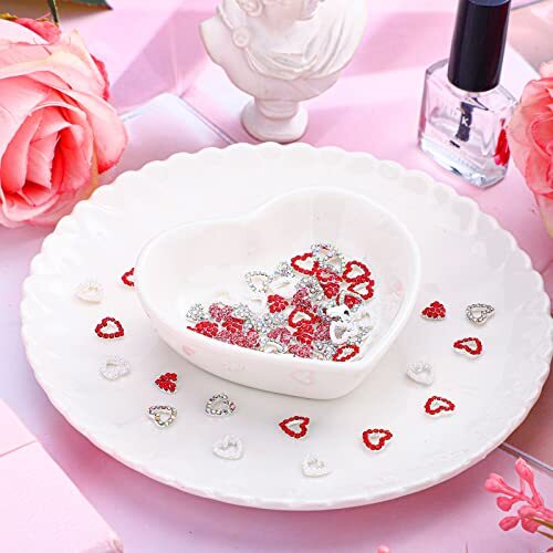 60 Pieces Valentines Day 3D Heart Nail Charms Heart Nail Rhinestone Novel Style