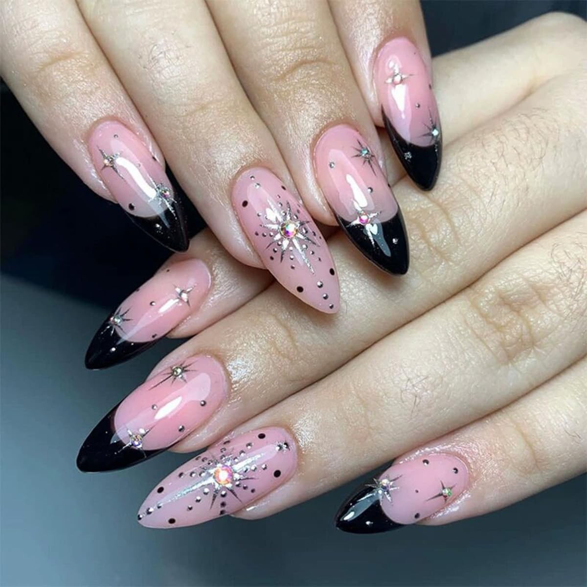 Black French Tip Press on Nails Almond Glue on Nails Medium Length Nude Pink …