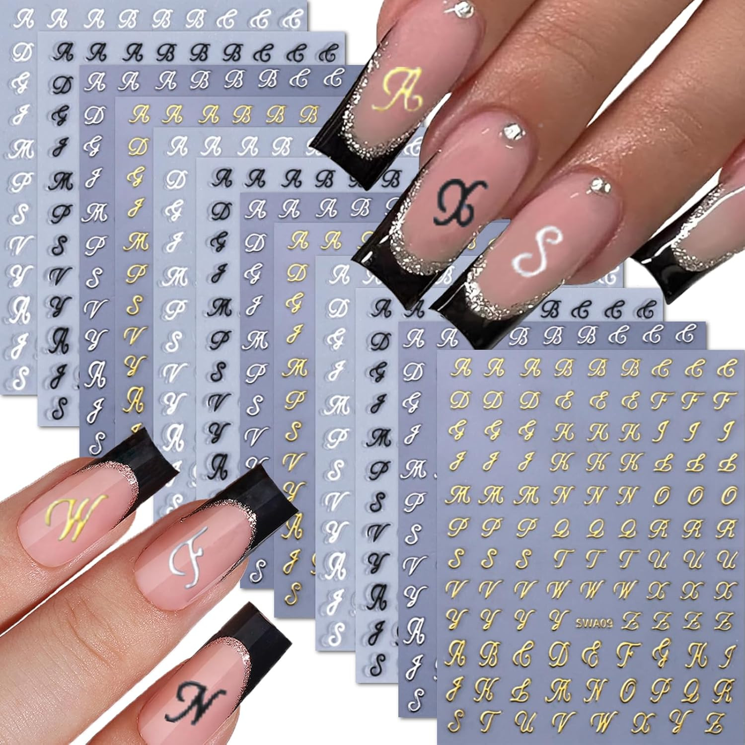12 Sheets Letter Nail Art Stickers Decals 3D Self Adhesive Letter Nail Stickers