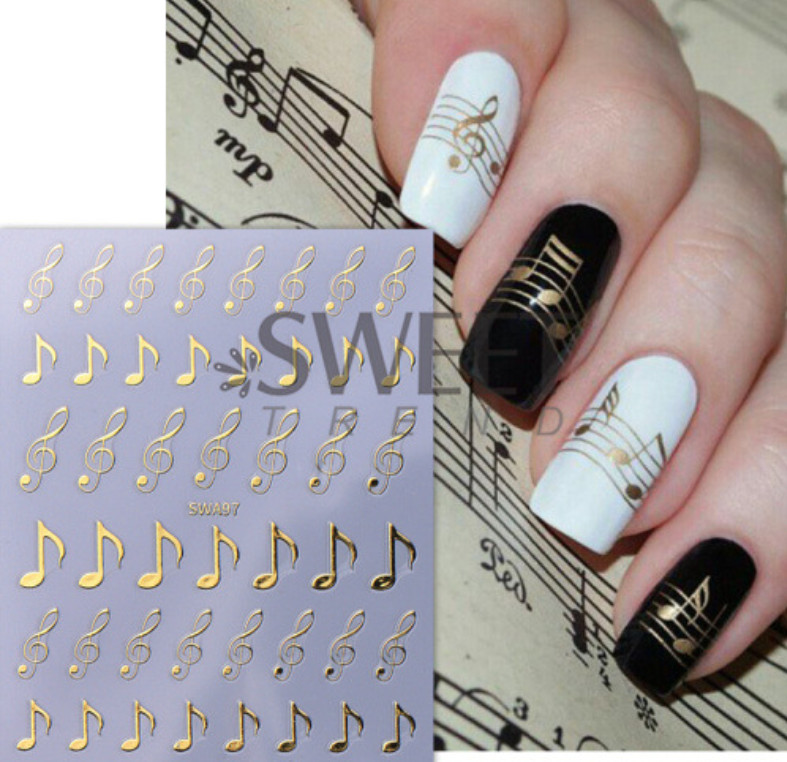 3 Sheets Musical Note Nail Art Stickers Gold Silver Black Piano Notes SWA97 NH28