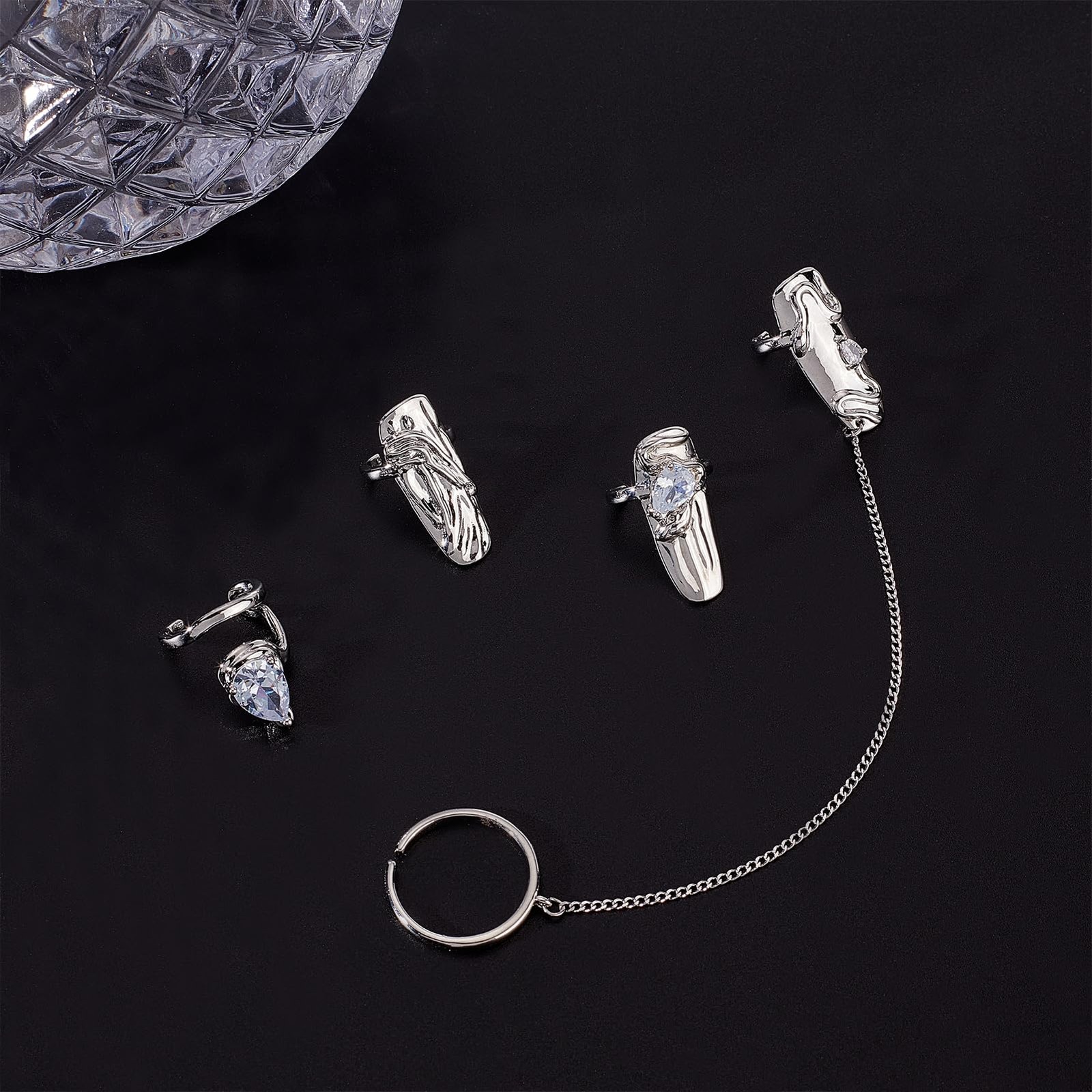Silver Punk Finger Nail Tip Claw Rings, rhinestone Adjustable Open Nail Rings…