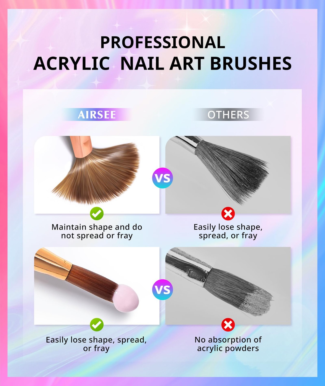 AIRSEE 3PCS Acrylic Nail Brush Set Size 8/10/14 Professional for Rainbow