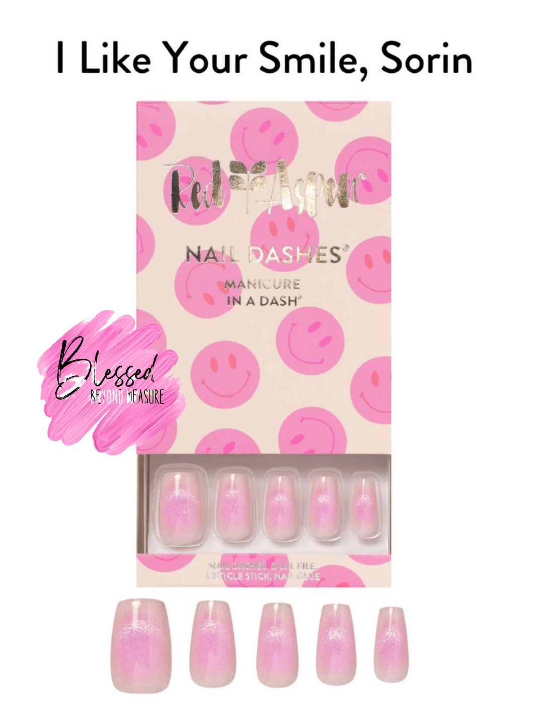 Red Aspen Press On Nails~I Like Your Smile, Sorin~ Medium~Coffin~Pink Shiny