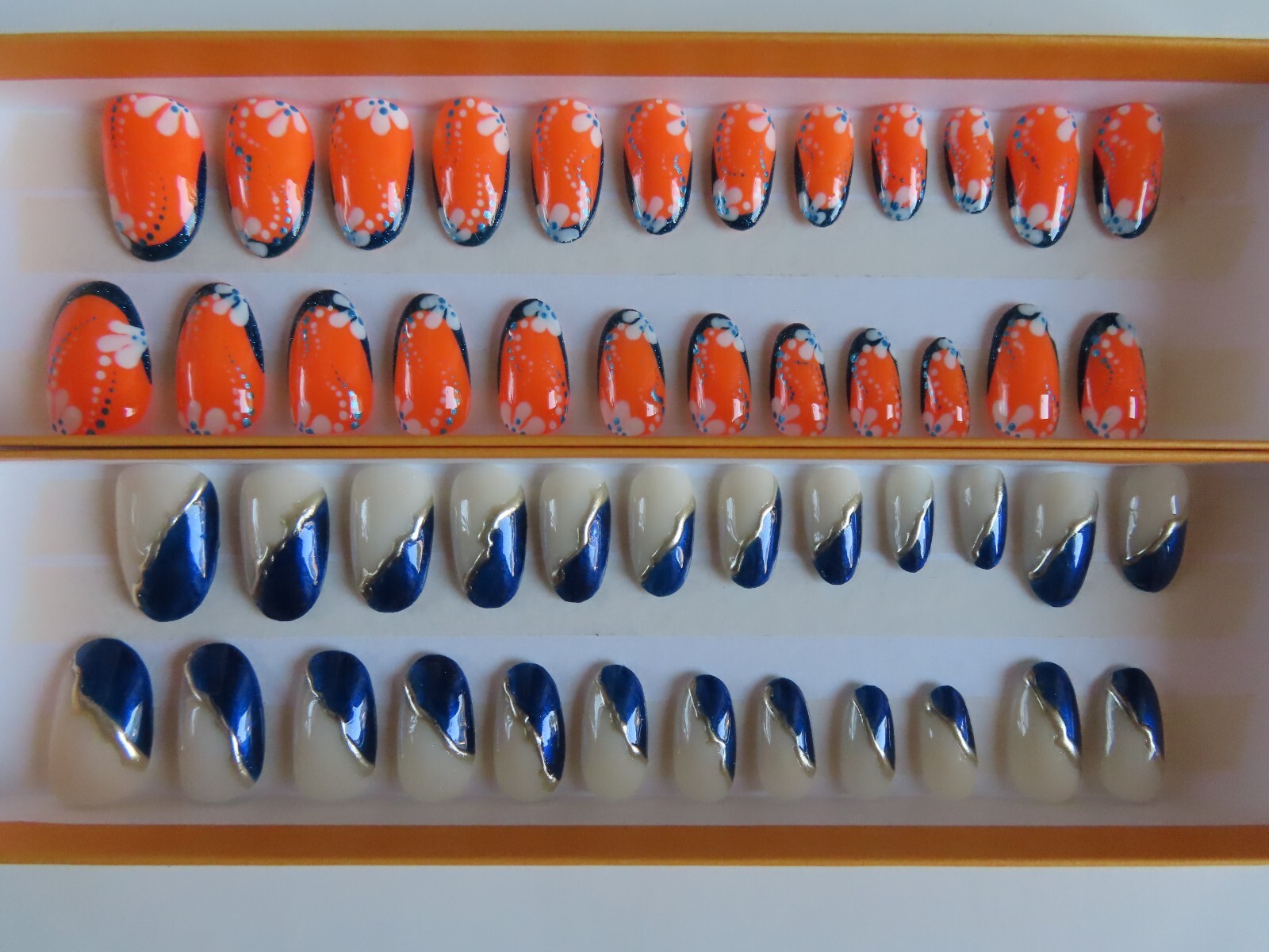 (2) Set Orange Blue White Flower Tip | Blue Silver Chrome Oval Press-On Nails