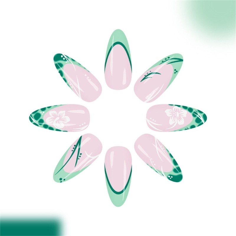 Green French Floral Press On Nail Floral False Nail Middle Length