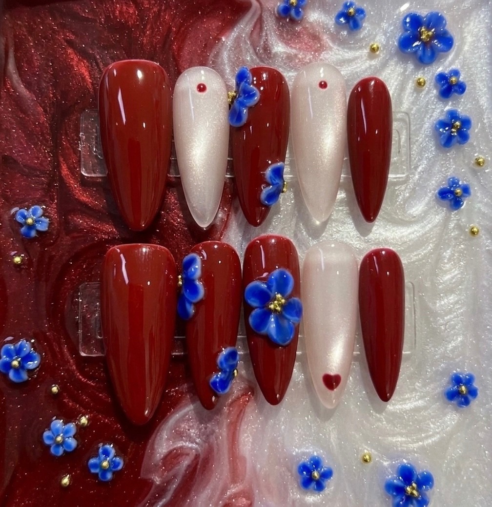 Regal Ruby & Blue Blossom Handmade Press-On Nails