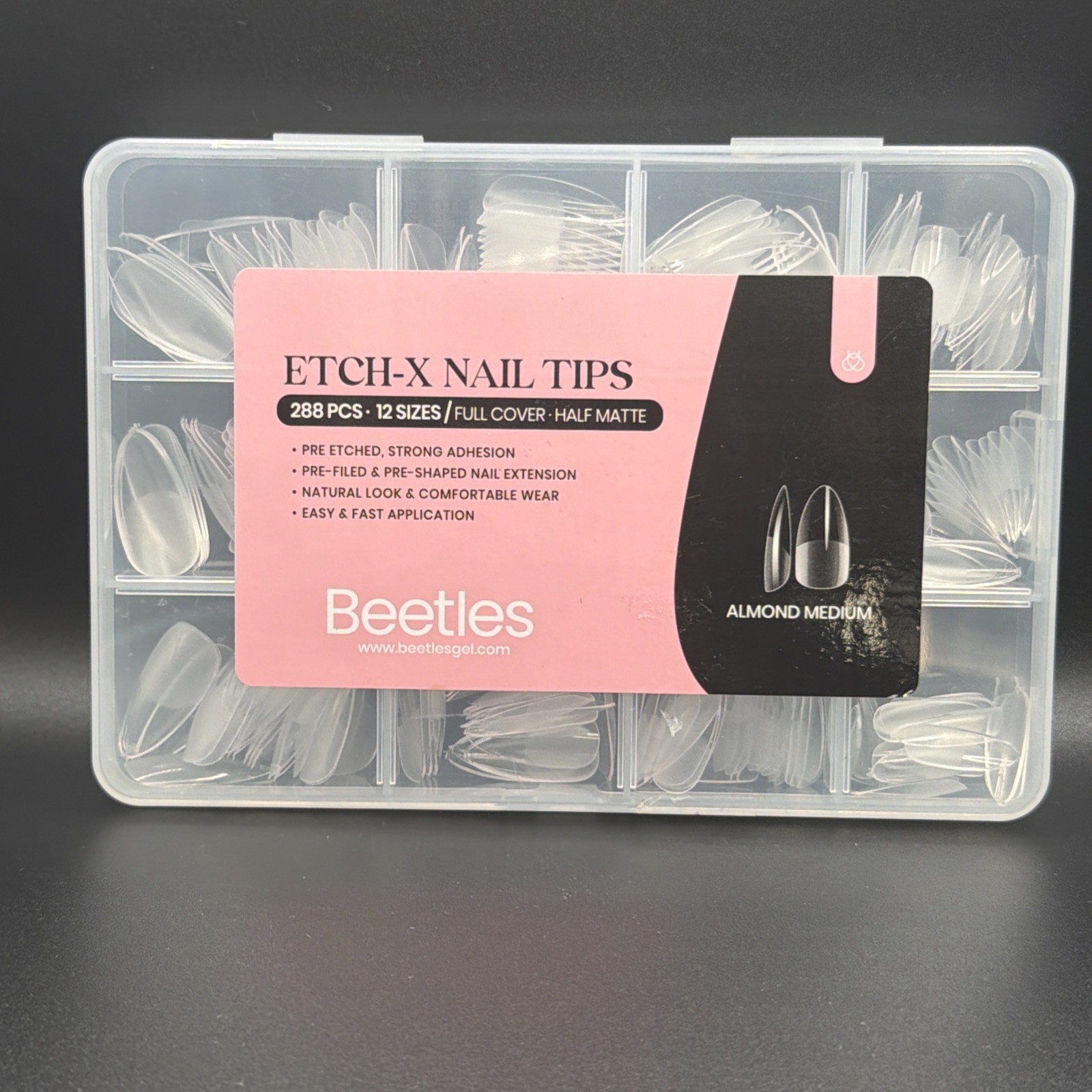 ETCH-X NAIL TIPS 288pcs 12 Sizes, Full Cover -half Matte Almond Medium B