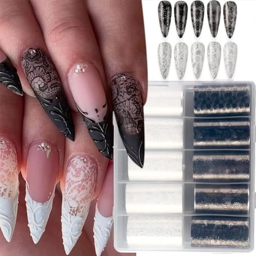 10 Rolls Lace Nail Foil for Nail Art Black White Flower Nail Art Flower-20