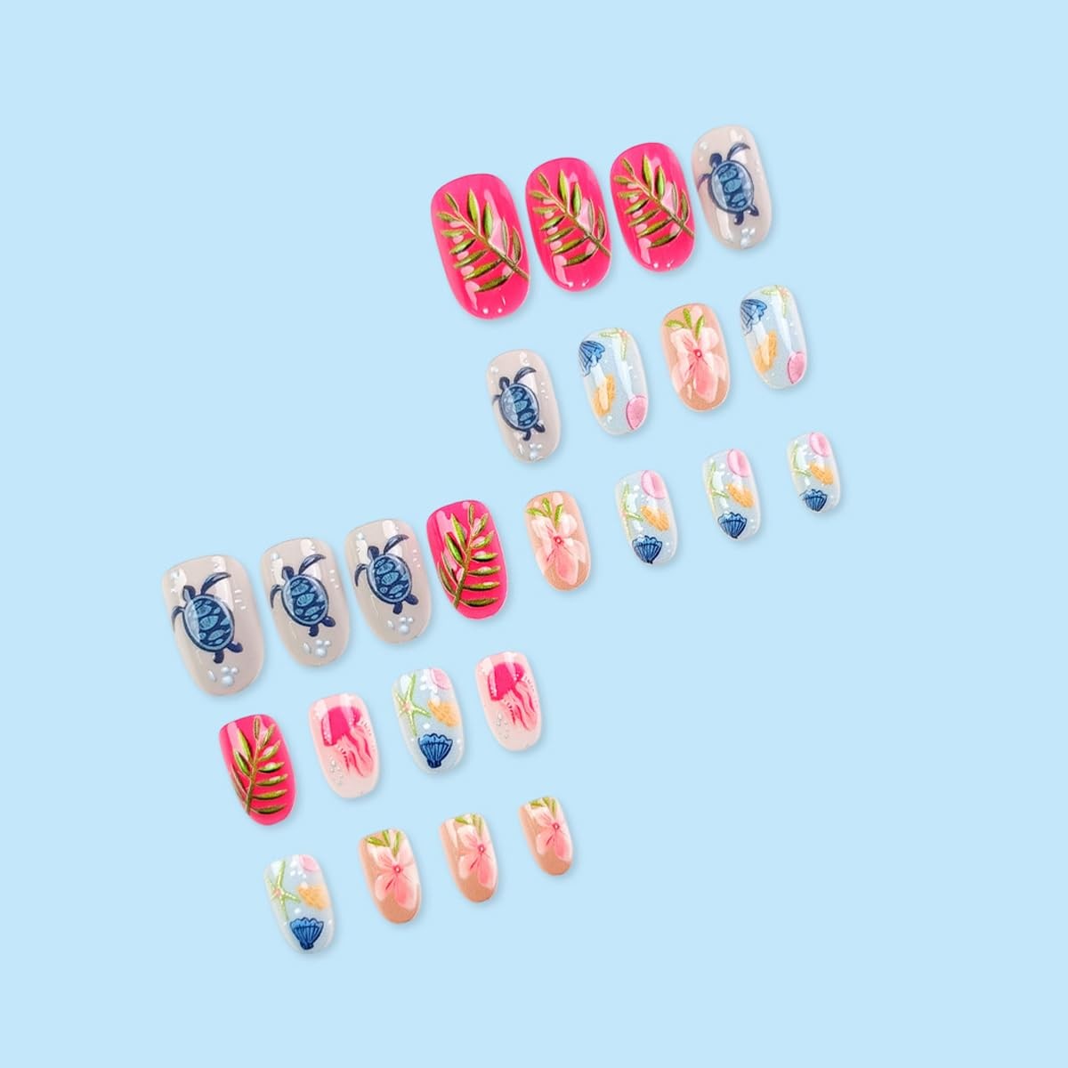 Summer Ocean Press on Nails Short Oval – Cute Sea Turtle, Starfish, Shell & J…