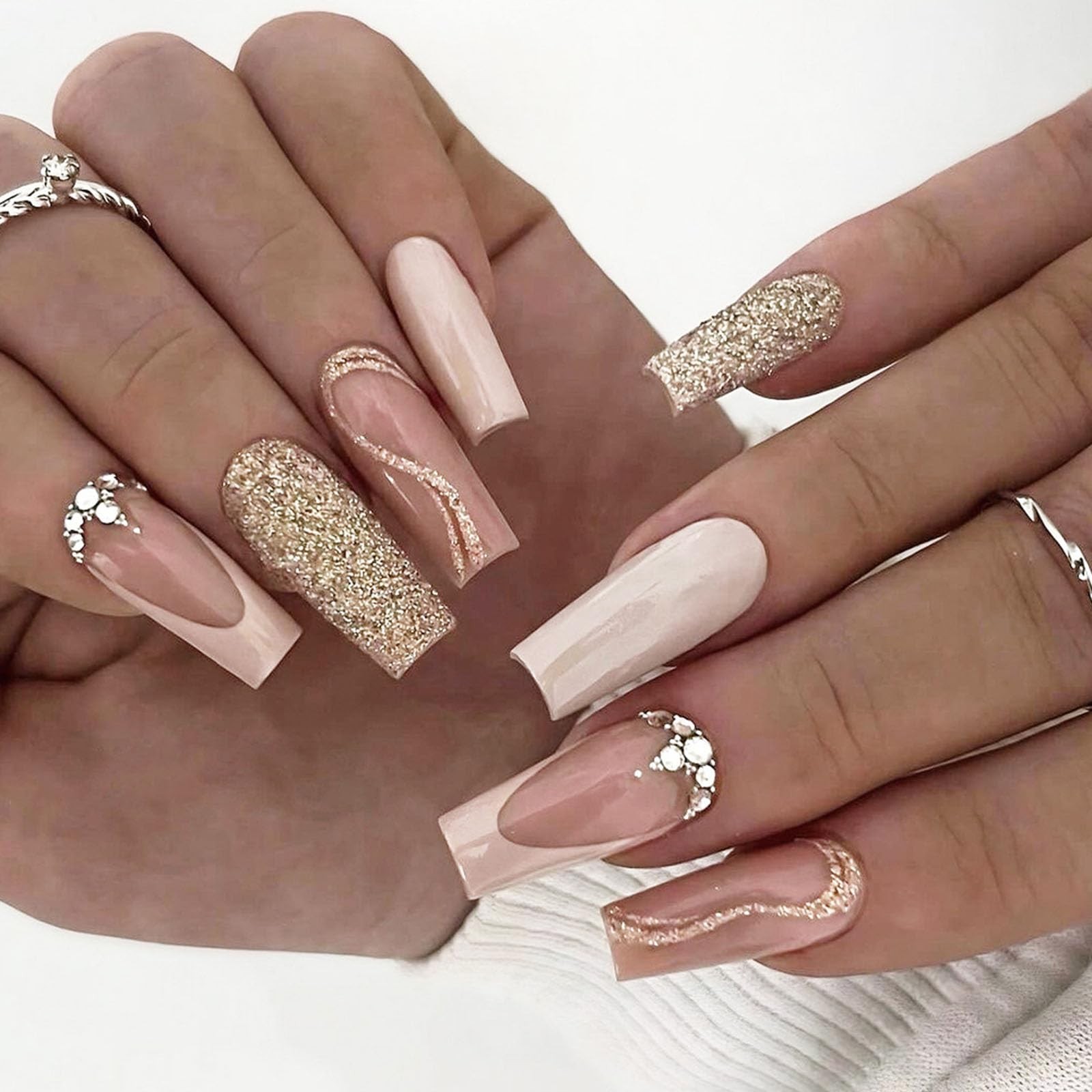 French Tip Press on Nails Medium Fake with Medium, gold brown nude