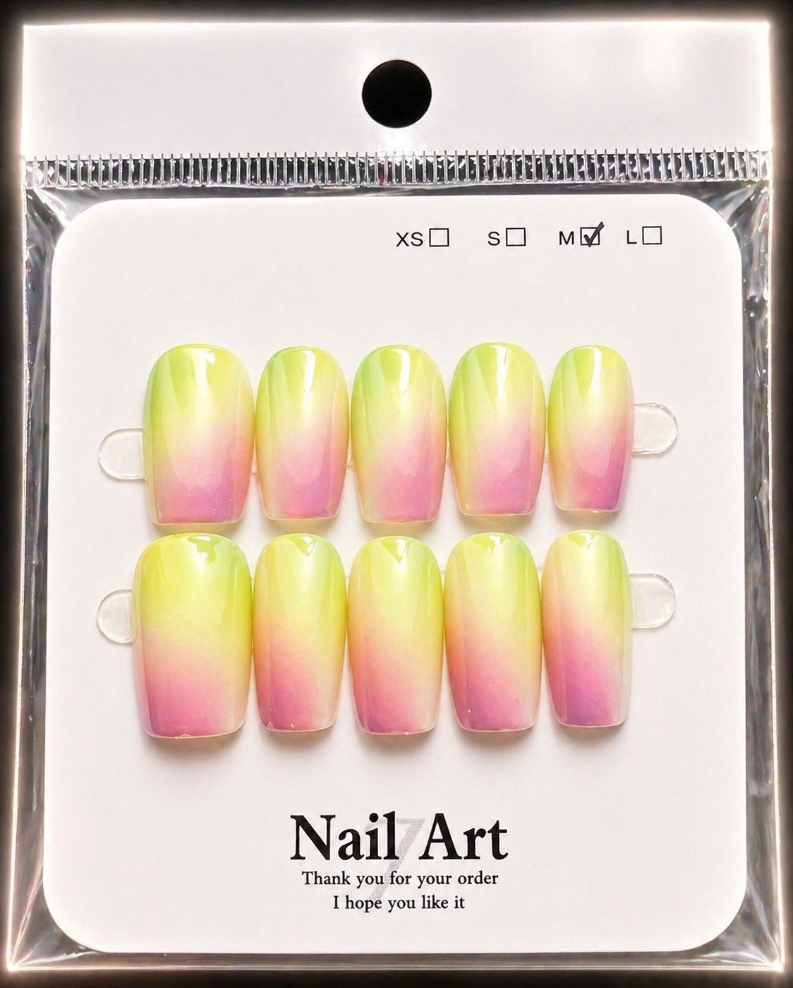 Nail Art Handmade Press-On Nails Medium Oval Ombre Pink Green Yellow Reusable