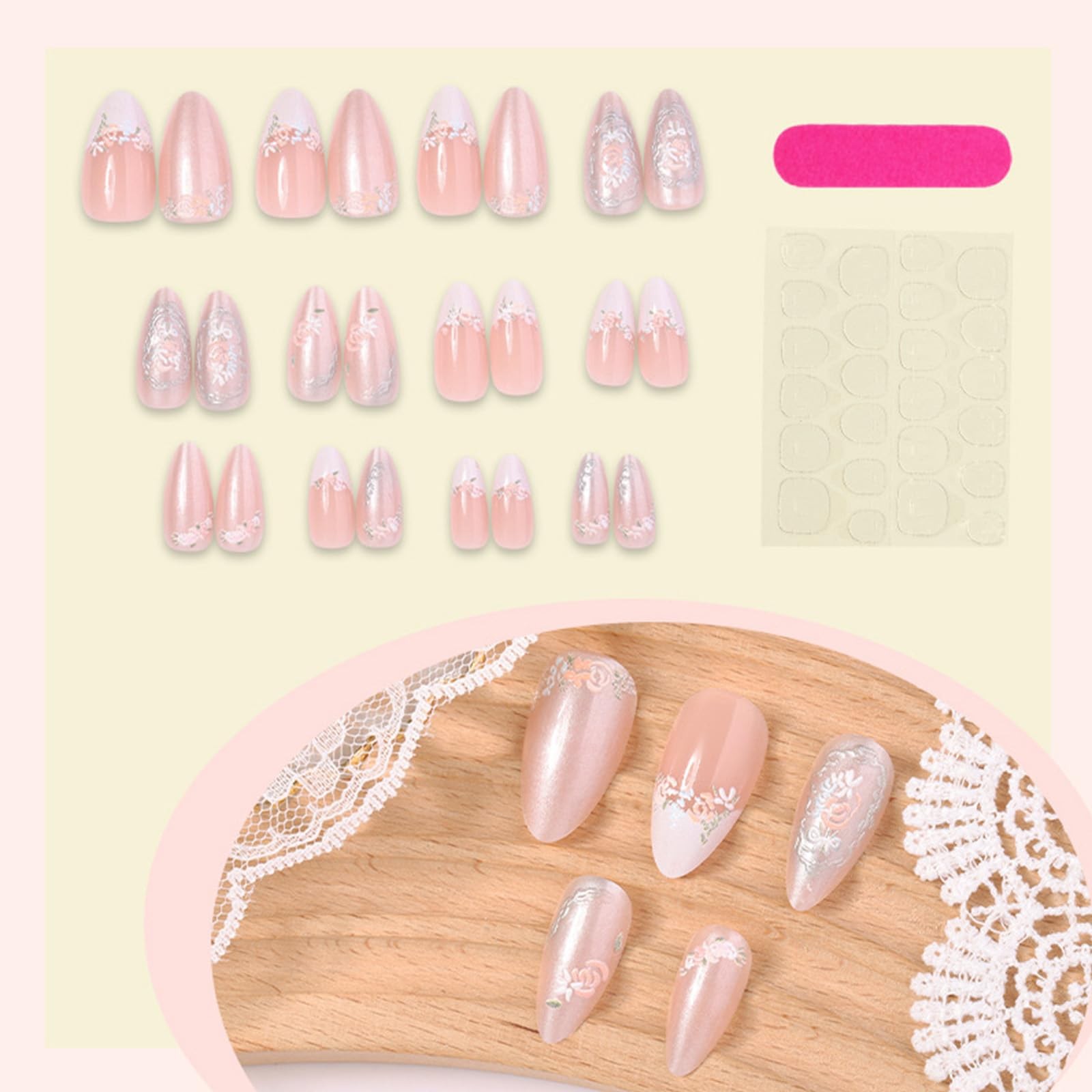 Flower Press on Nails French Tip Medium Almond Fake Nails Pink Glossy Glue on…